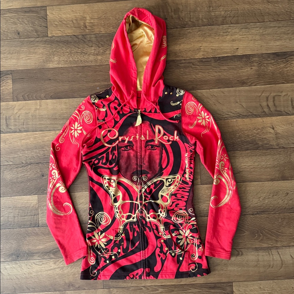 Y2K Crystal Rock Size Extra Small Zip Up Hoodie Rare Woman Face Tattoo McBling